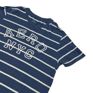 Aéropostale T-Shirt Men XL Blue Striped Graphic Tee AERO NYC Wool Blend Pullover